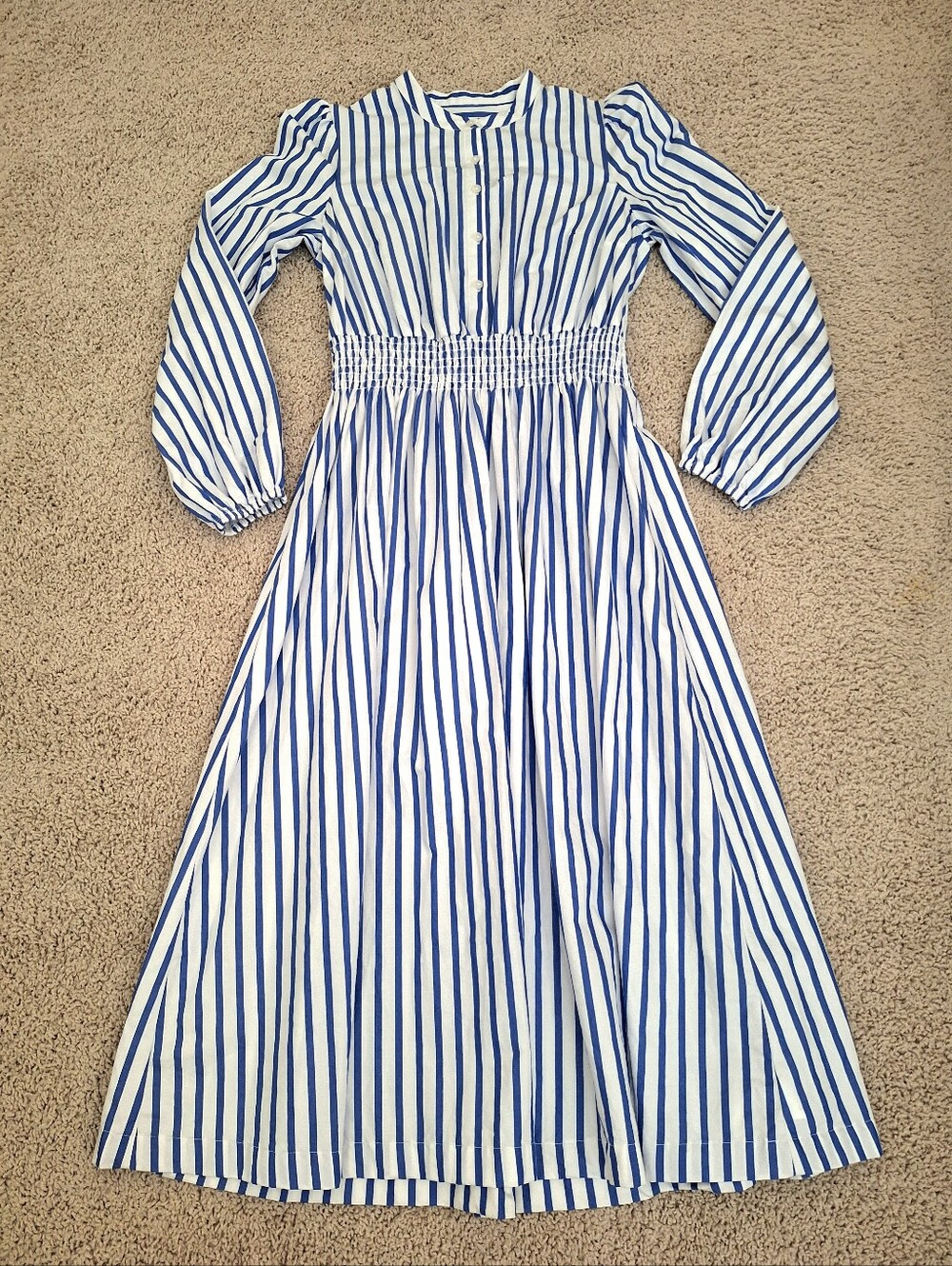 Boden Women's Blue White Striped Cotton Smocked Waist Button Front Shirt Dress 4 - Picture 5 of 13